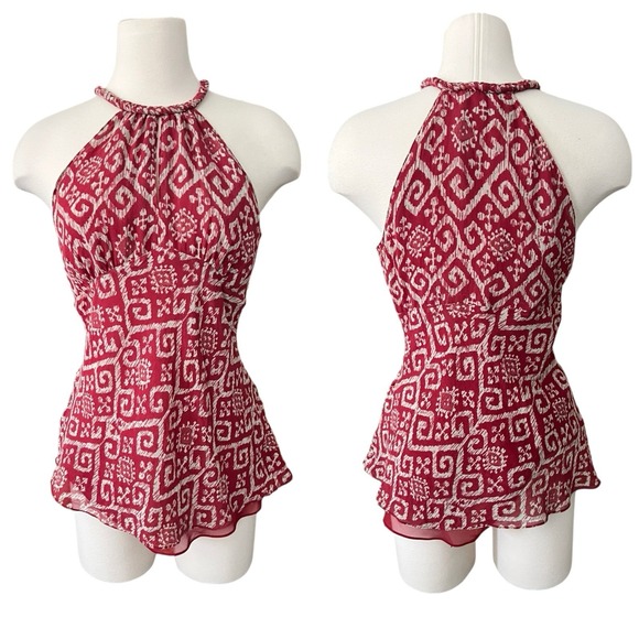 Michael Kors Silk Geometric Print Babydoll Top Size 10 Braided Neck Boho Casual - Picture 1 of 9